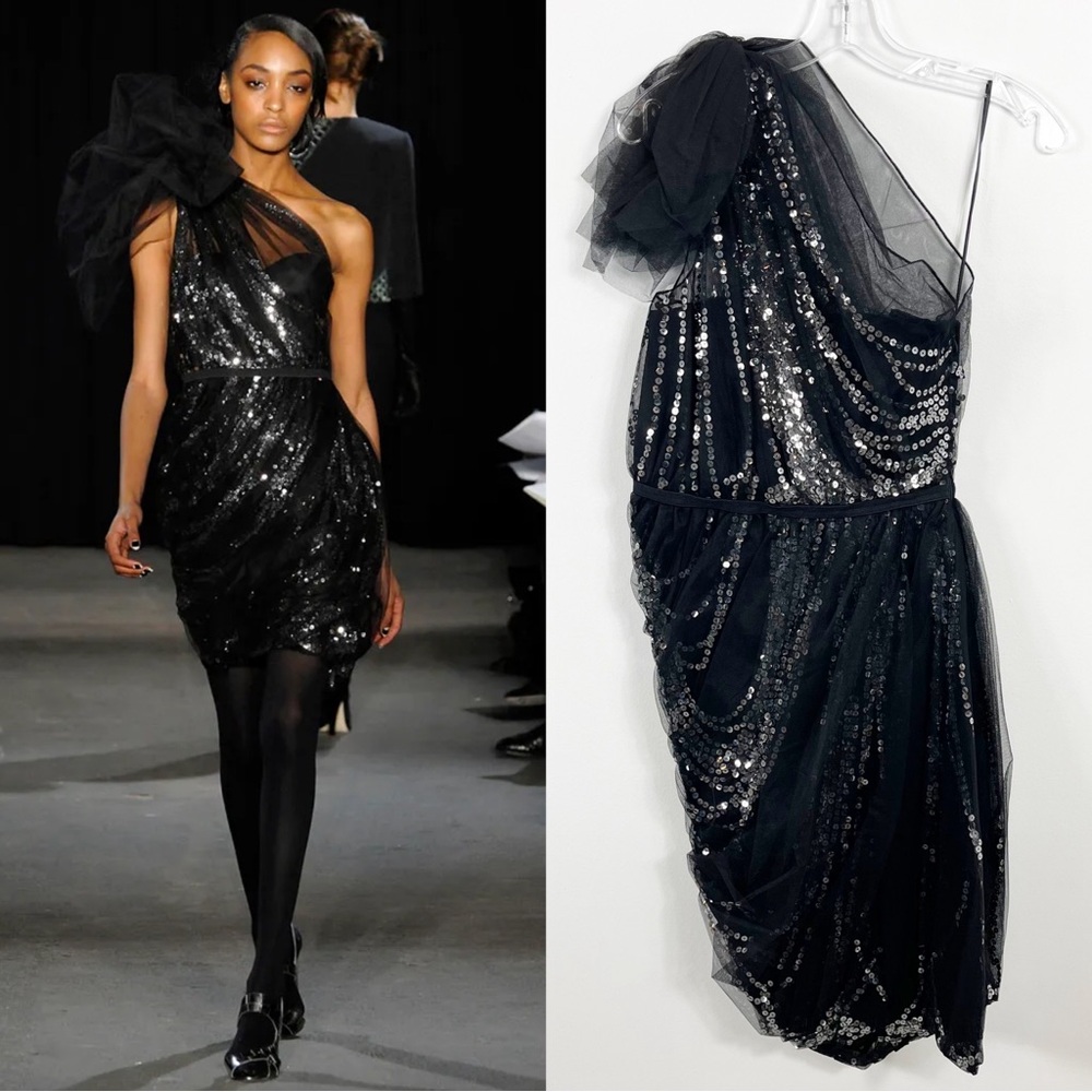 Thakoon Runway One Shoulder Gathered Sequin Tulle Mini Dress Black Silver